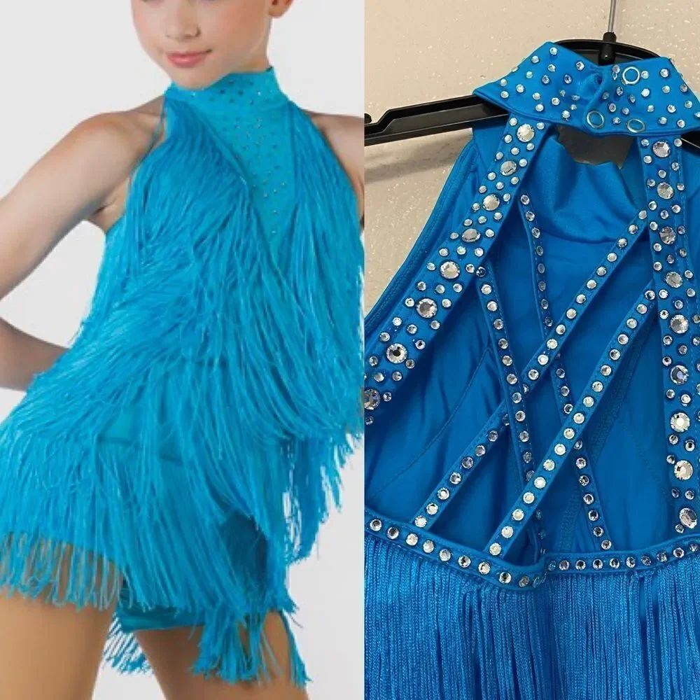 Weissman Dance costume aqua blue sassy fringe dress Spice Up Your Life 14130 MC